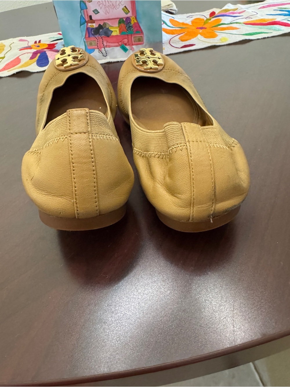 Tory Burch Mustard Leather Logo Ballet Flats - Picture 2 of 10